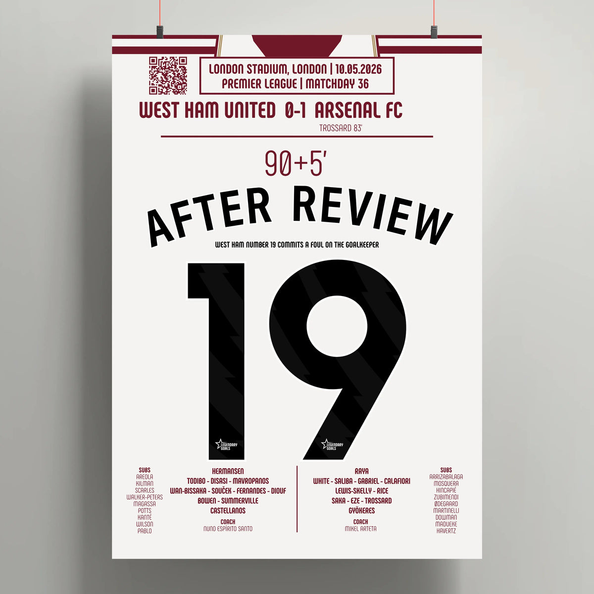 Poster de la victoire d’Arsenal - West Ham vs Arsenal 2026 - Legendary Goals