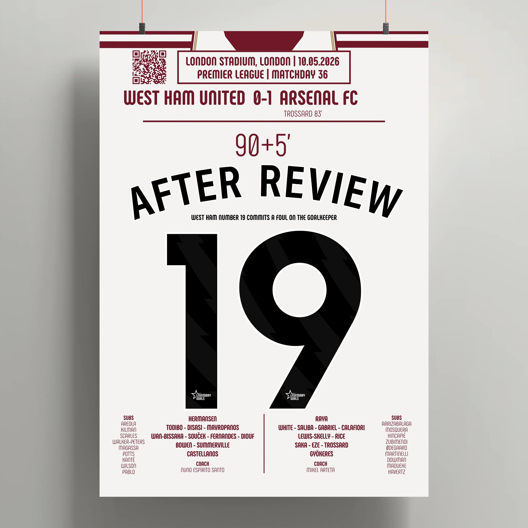 Poster de la victoire d’Arsenal - West Ham vs Arsenal 2026 - Legendary Goals