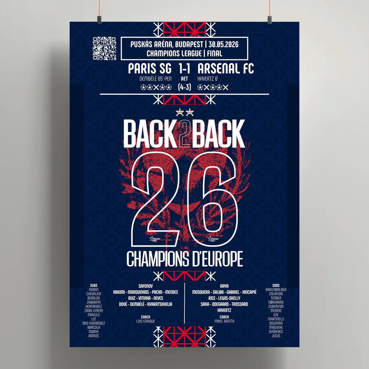 Poster de la victoire du Paris Saint - Germain - PSG vs Arsenal 2026 - Legendary Goals