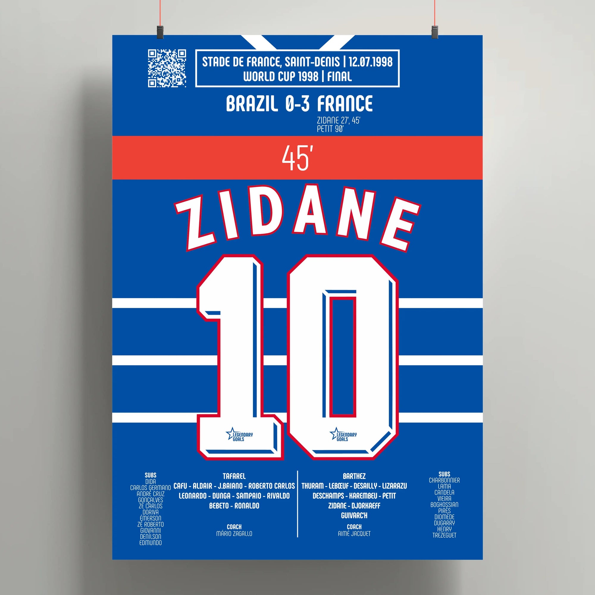 Poster du 2e but de Zinédine Zidane - France vs Brésil 1998 - Legendary Goals