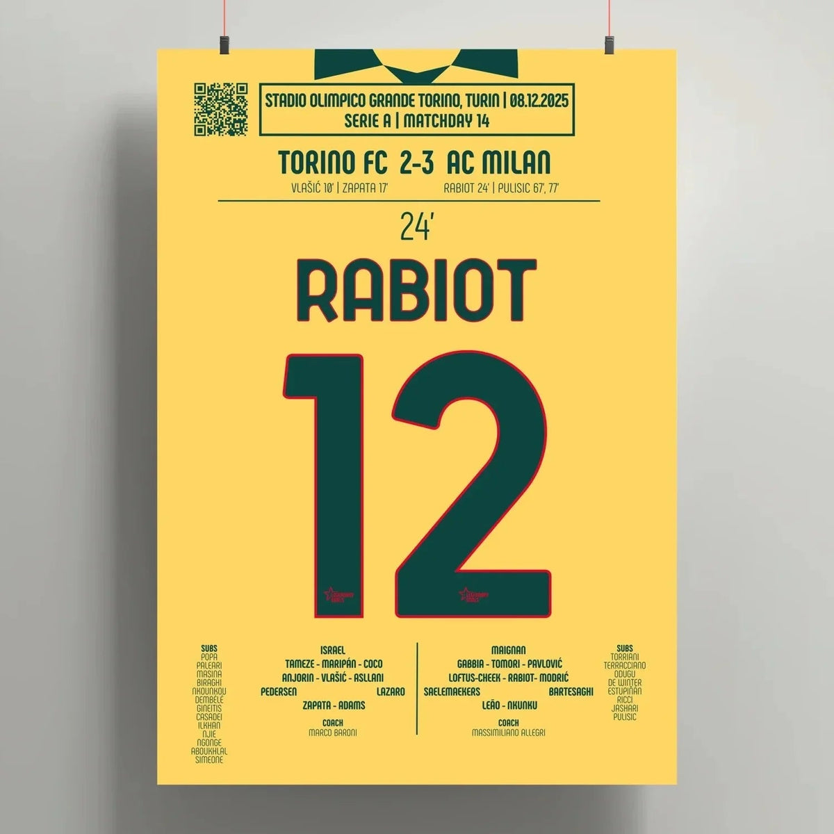 Poster du but d’Adrien Rabiot – Torino vs Milan 2025 - Legendary Goals