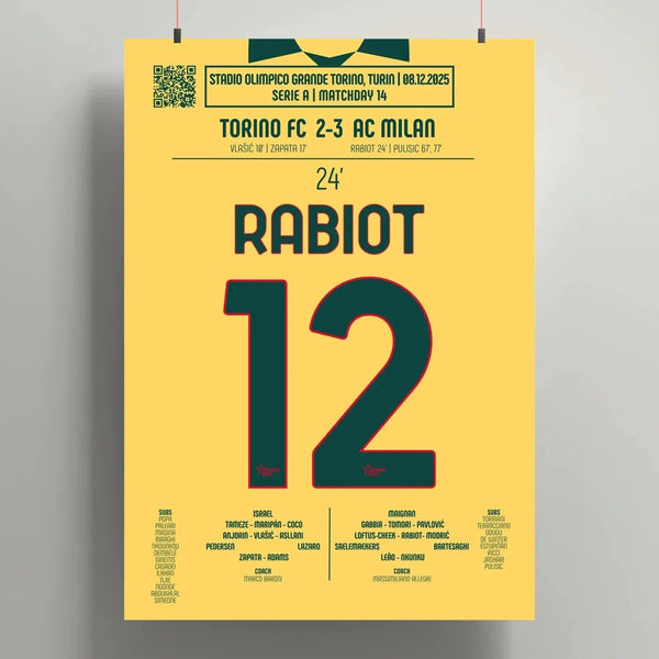 Poster du but d’Adrien Rabiot – Torino vs Milan 2025 - Legendary Goals