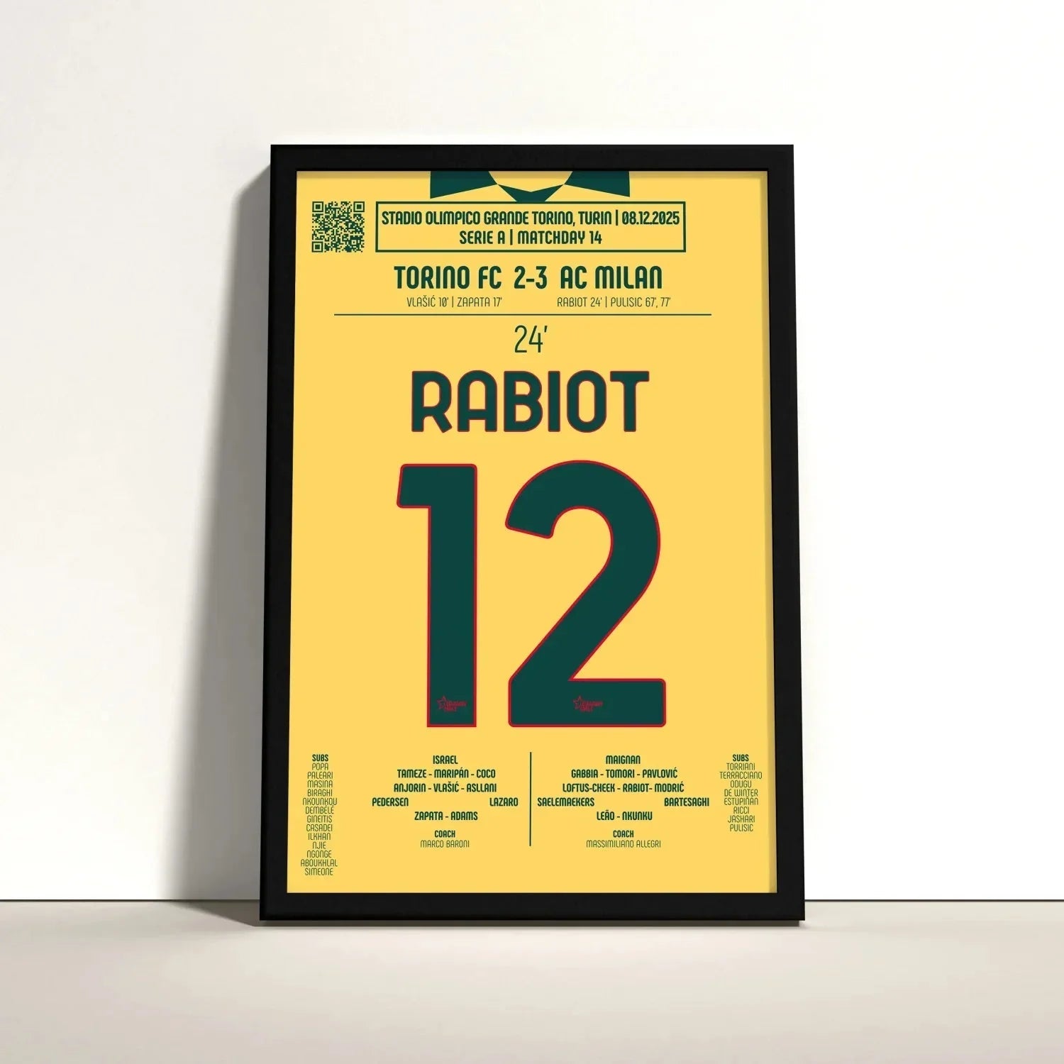 Poster du but d’Adrien Rabiot – Torino vs Milan 2025 - Legendary Goals