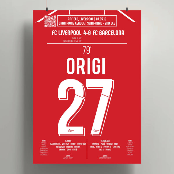 Poster du but de Divock Origi - Liverpool vs Barcelone 2019 - Legendary Goals