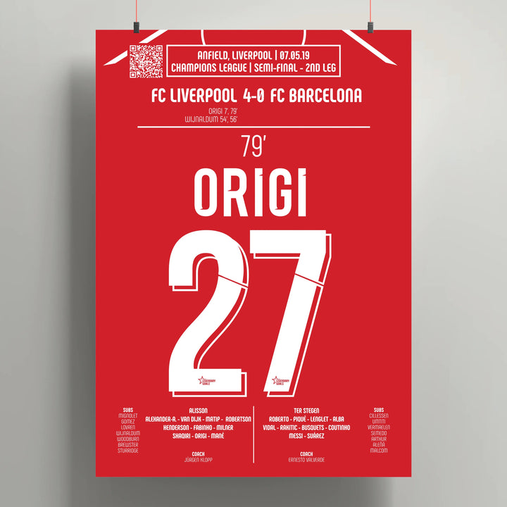 Poster du but de Divock Origi - Liverpool vs Barcelone 2019 - Legendary Goals