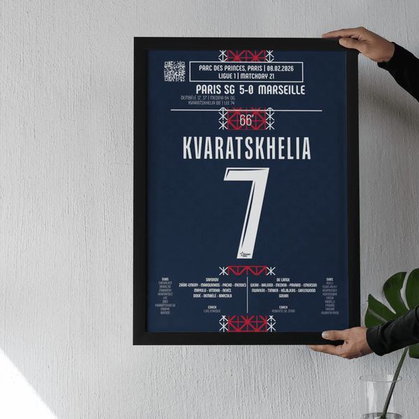 Poster du but de Khvicha Kvaratskhelia – PSG vs OM – 8 février 2026 - Legendary Goals