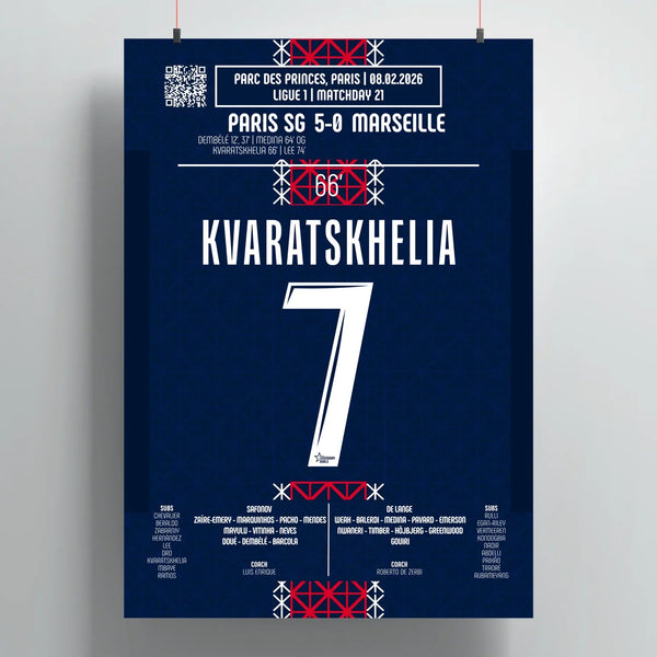 Poster du but de Khvicha Kvaratskhelia – PSG vs OM – 8 février 2026 - Legendary Goals