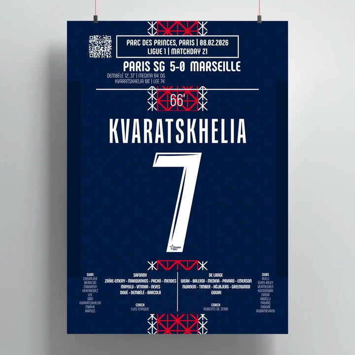 Póster del gol de Khvicha Kvaratskhelia – PSG vs OM – 8 février 2026 - Legendary Goals