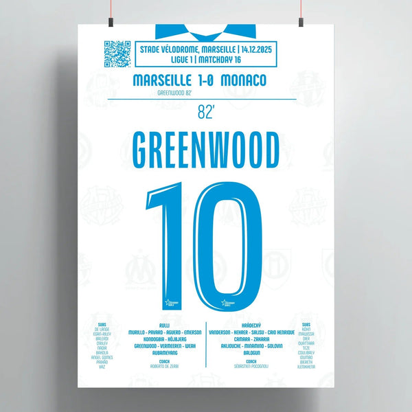 Poster du but de Mason Greenwood – OM vs Monaco 2025 - Legendary Goals