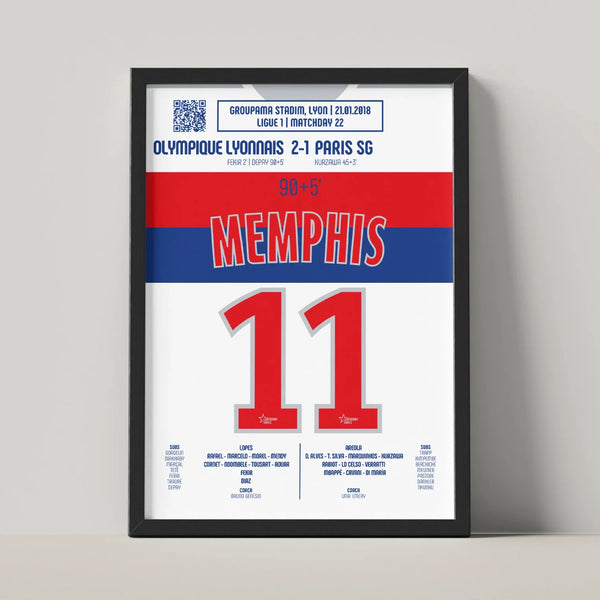 Poster du but de Memphis Depay – PSG vs Lyon 2018 - Poster encadré en bois noir / A4 (21 x 29.7 cm)