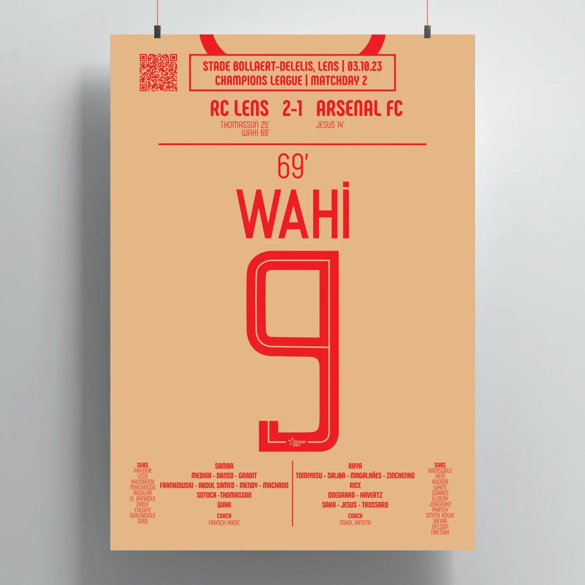 Poster du but d'Elye Wahi - Lens vs Arsenal 2023 - Legendary Goals