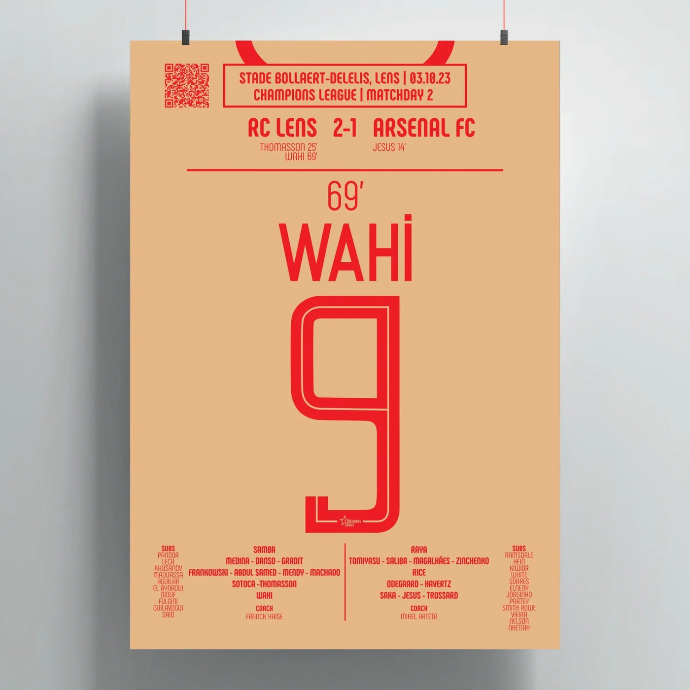Poster du but d'Elye Wahi - Lens vs Arsenal 2023