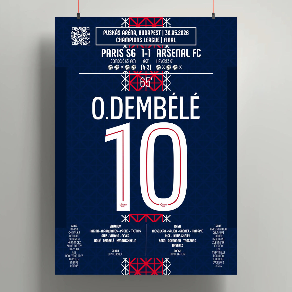 Poster du but d’Ousmane Dembélé - PSG vs Arsenal 2026 - Legendary Goals