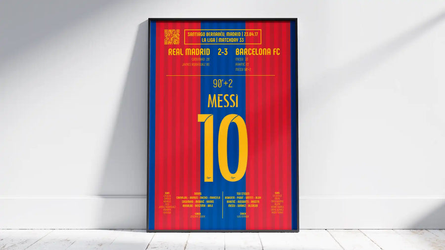 Affiche de maillot de football rayé rouge et bleu avec design du numéro 10 jaune.